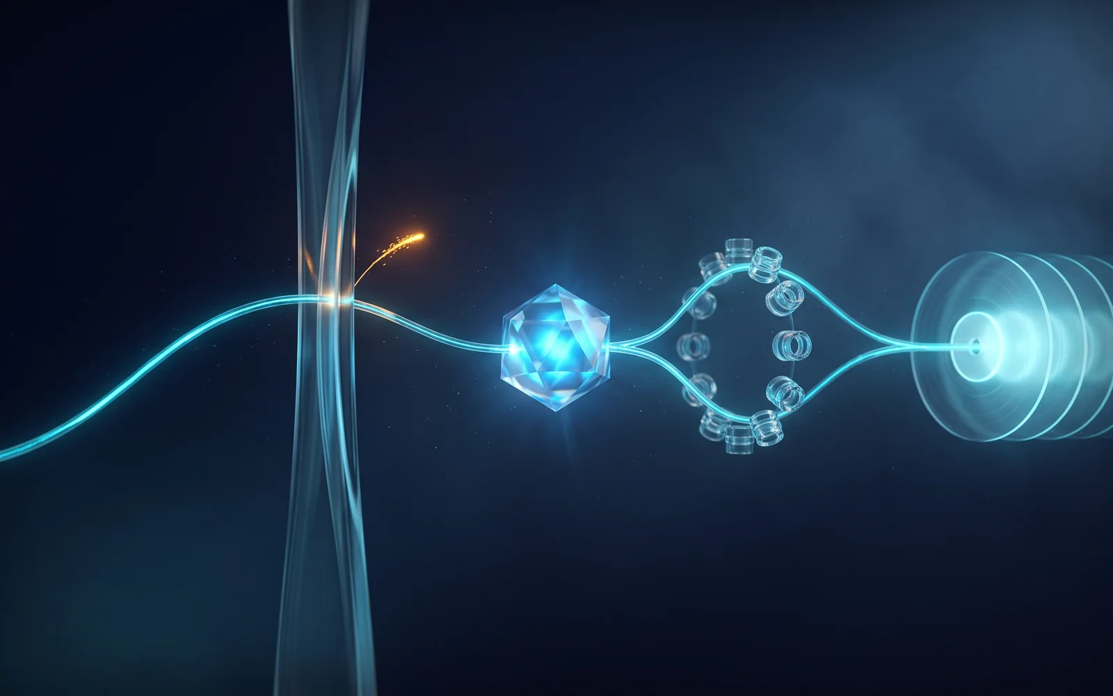 Abstract illustration of one answer passing a gate and a knowledge core, then settling onto a stack of glowing plates