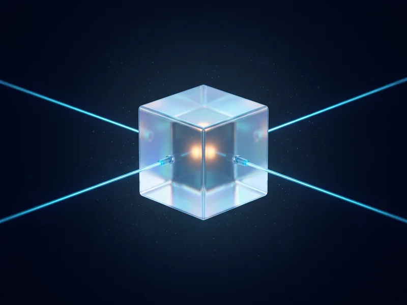 A sealed glass vault cube with several softly lit conduits plugged into it