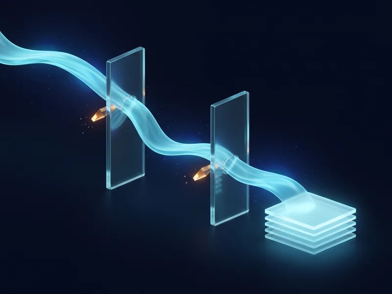 A light stream passing two translucent gates and landing on thin stacked plates