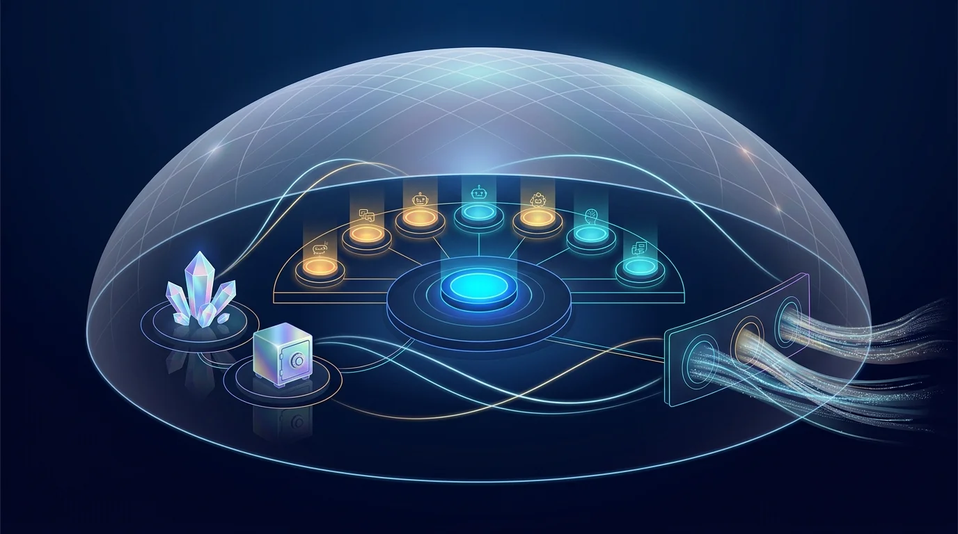 Illustration of the Botlit control plane: a bot app fronting specialist AI agents with knowledge, model providers, and channels inside a governed workspace