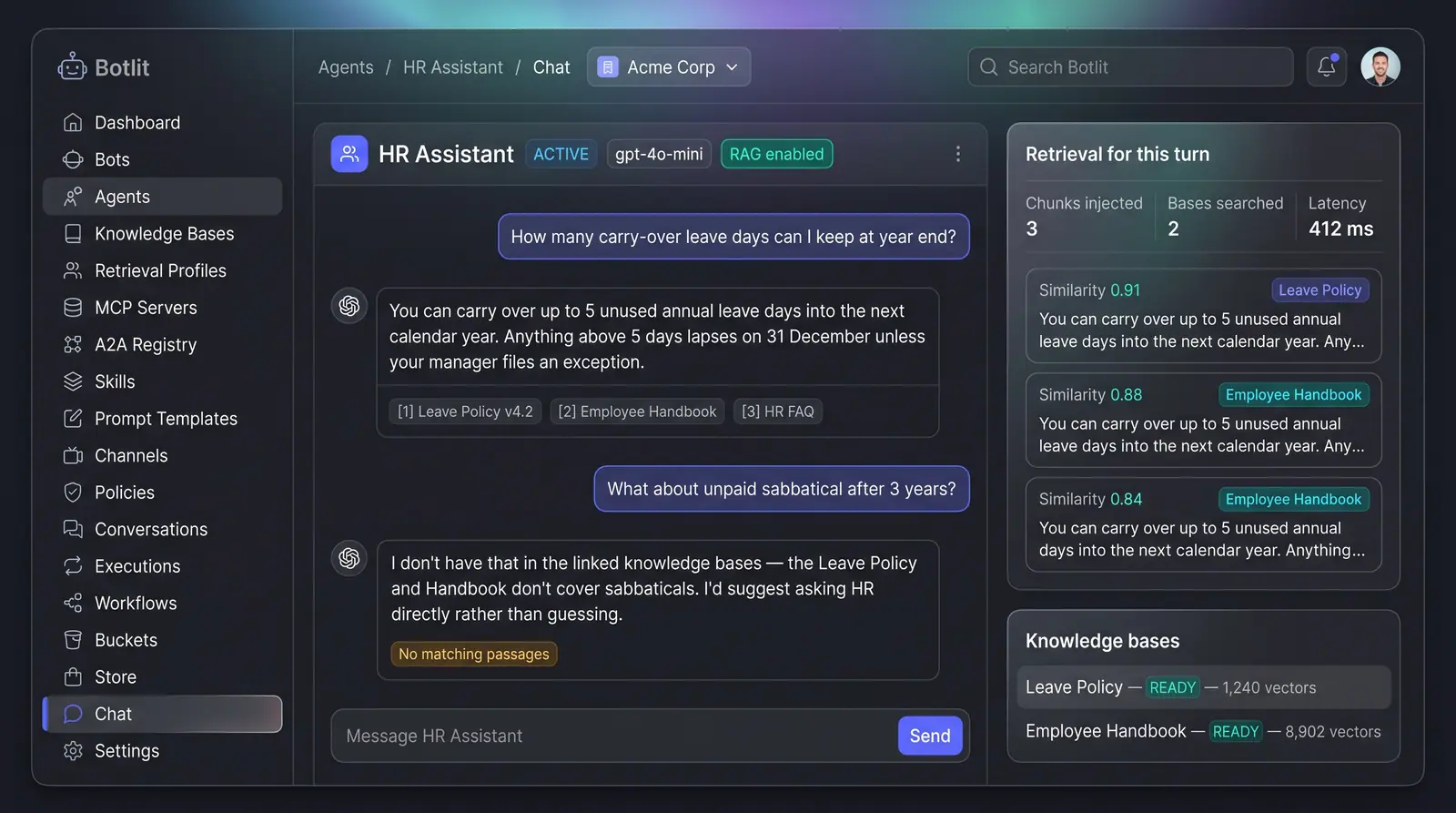 Concept illustration of a Botlit agent chat with a cited answer, a declined question, and a panel of retrieved passages with similarity scores