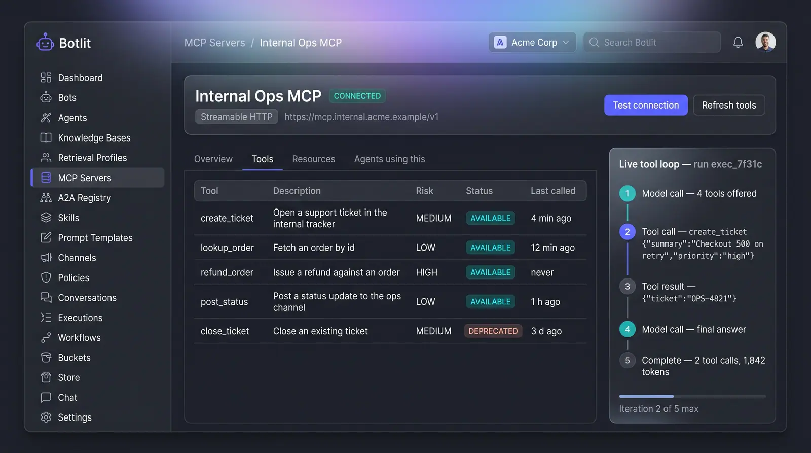 Concept illustration of a Botlit tool server page listing tools with risk levels beside a numbered panel tracing one agent tool loop