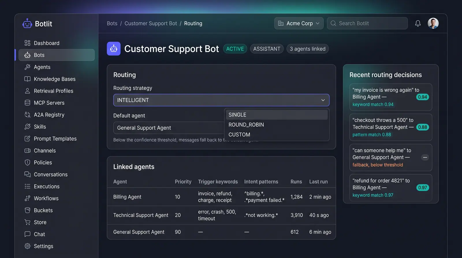 Concept illustration of a Botlit bot routing page with a strategy selector, a linked agents table and a panel of recent routing decisions