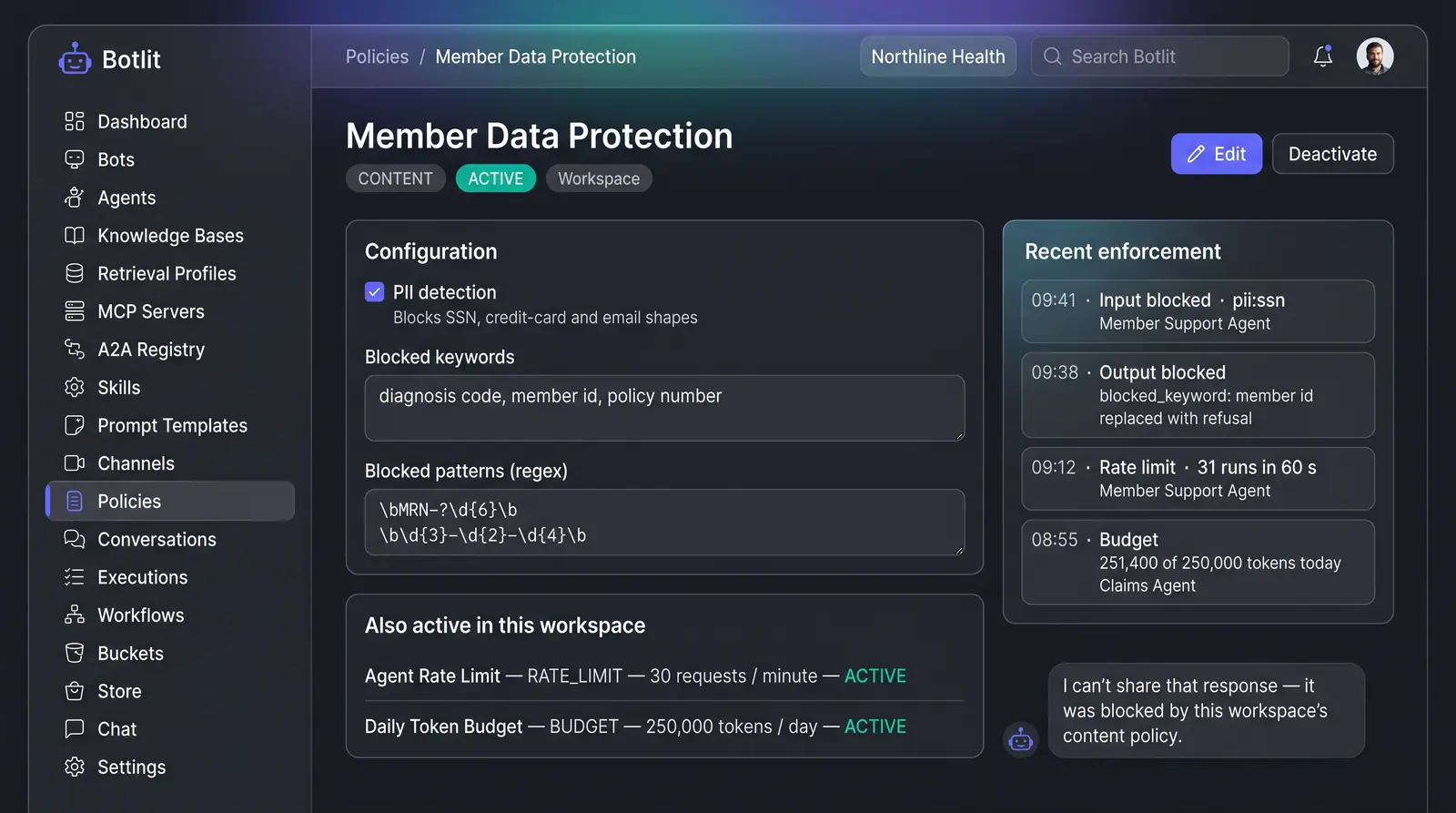 Concept illustration of a Botlit content policy page with detection settings, blocked terms and a feed of recent enforcement events