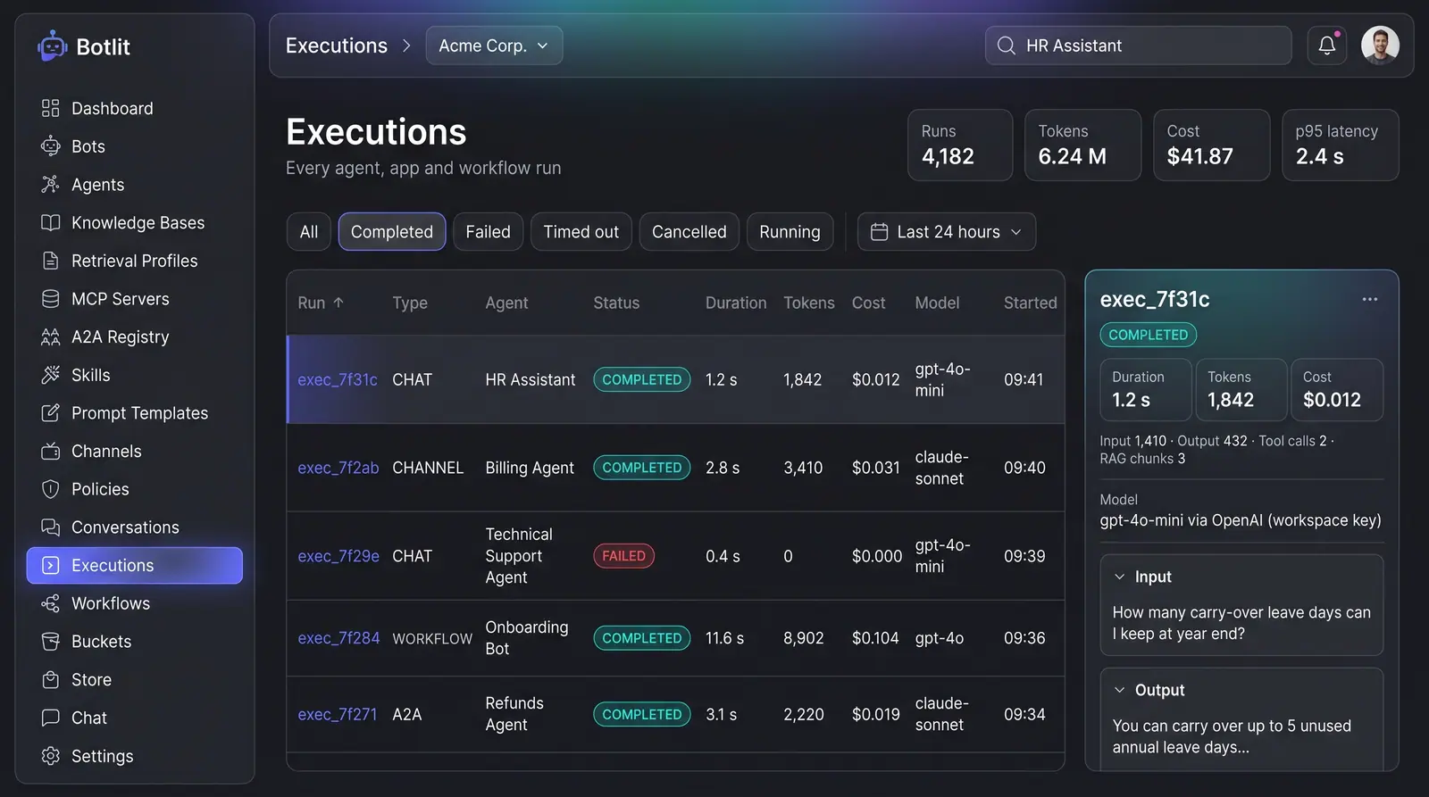 Concept illustration of a Botlit executions ledger with summary tiles, status filters, a table of runs and a detail rail for one run