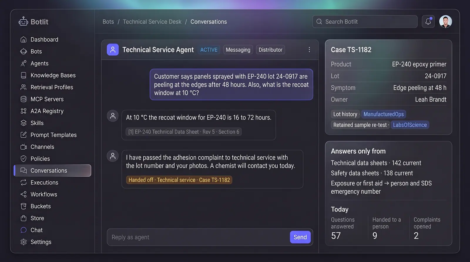 Concept illustration of a technical service chat citing a data sheet section and handing an adhesion complaint to a case with its lot