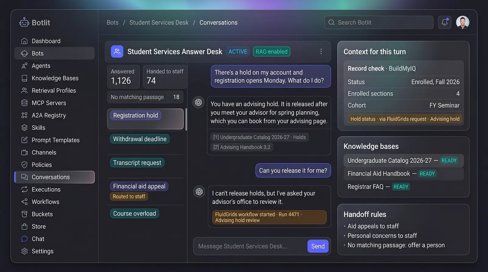 Concept illustration of a student services desk chat about a registration hold, with a record check, knowledge bases and handoff rules
