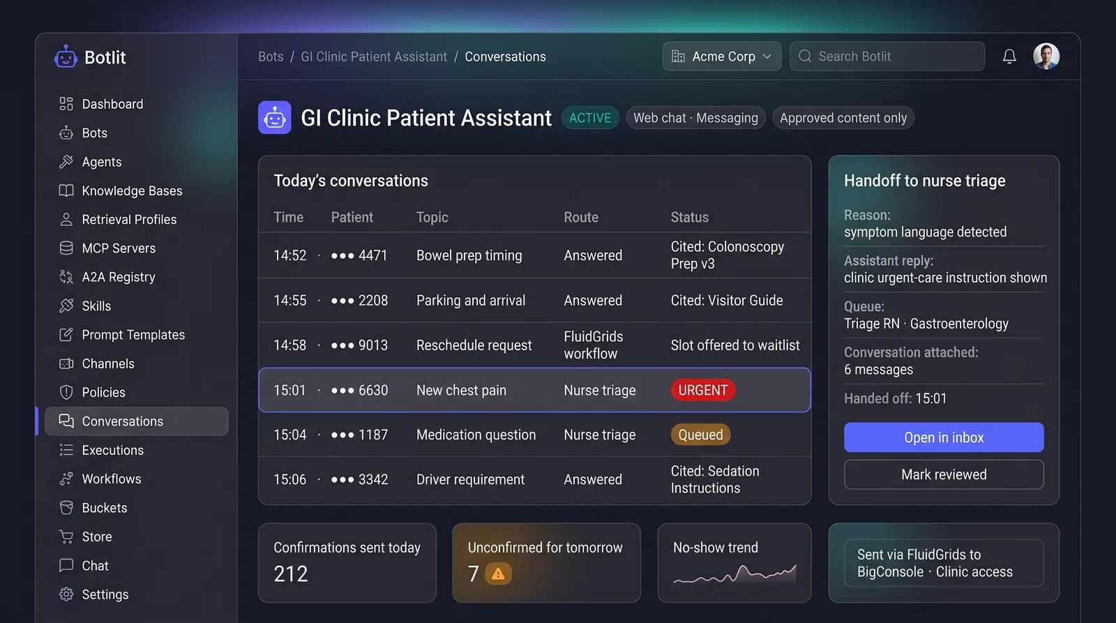 Concept illustration of a clinic patient assistant's conversation list with masked patients, routes and a nurse triage handoff panel