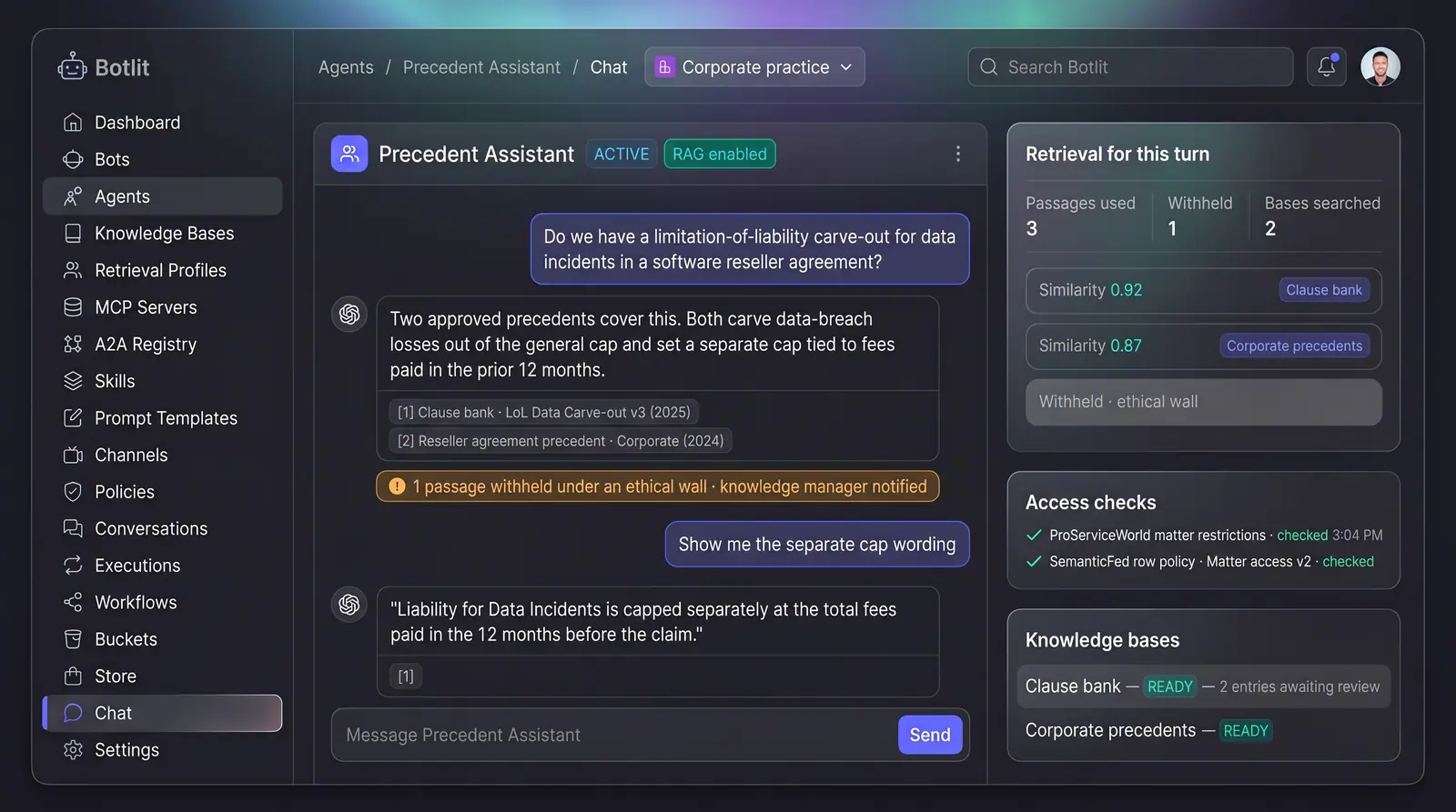 Concept illustration of a precedent assistant chat with cited clauses, a withheld-passage notice and access checks beside it