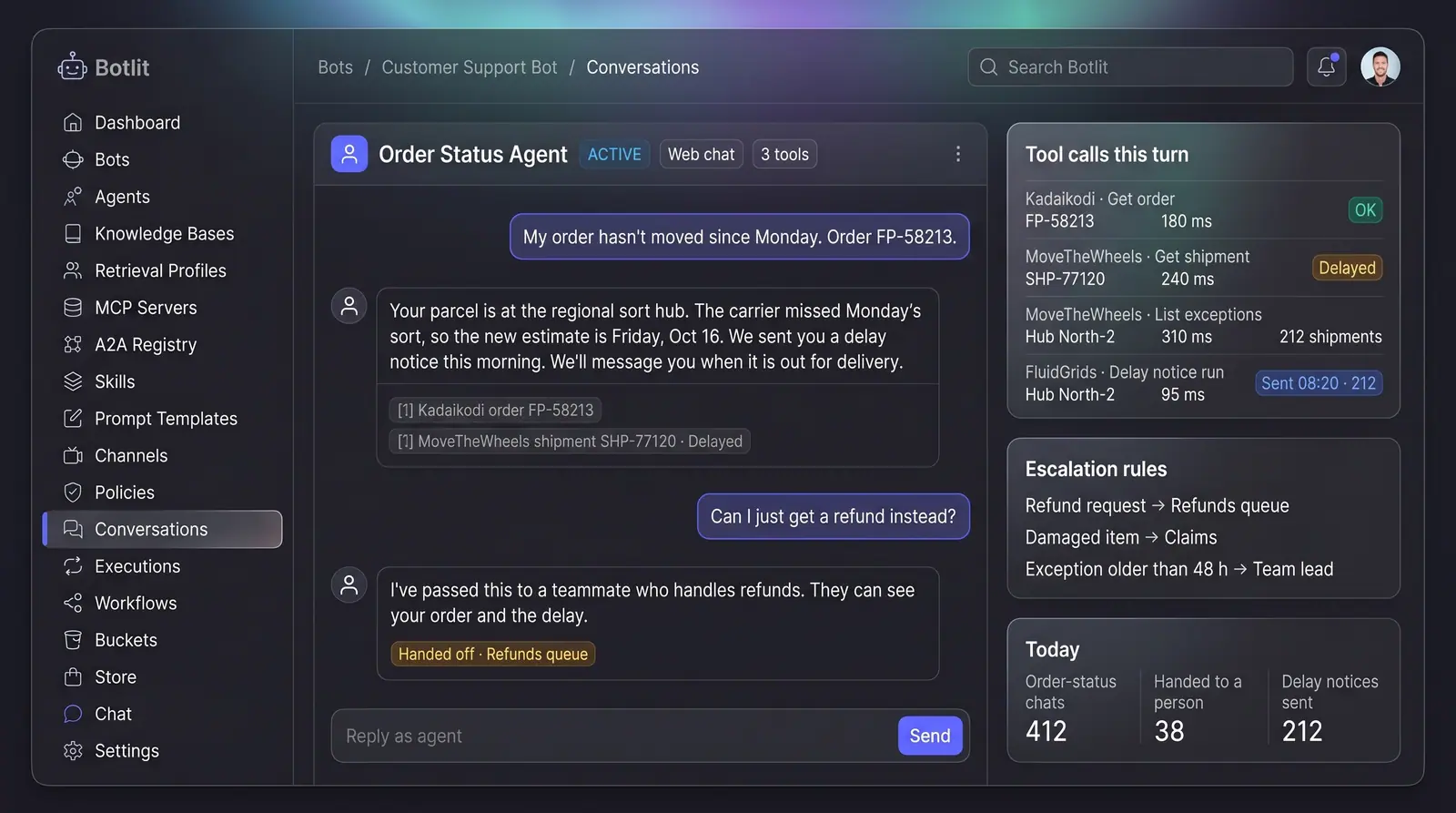Concept illustration of an order-status support chat with cited order and shipment records, tool calls and escalation rules