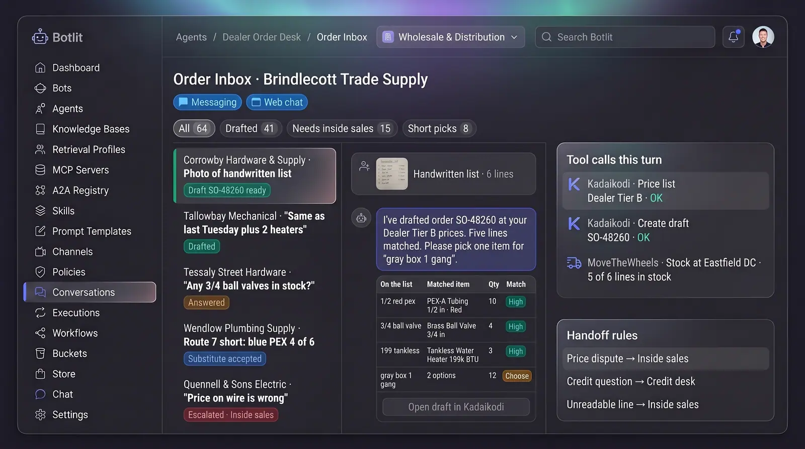 Concept illustration of a distributor order inbox turning a photo of a handwritten list into a draft order with matched lines and tool calls
