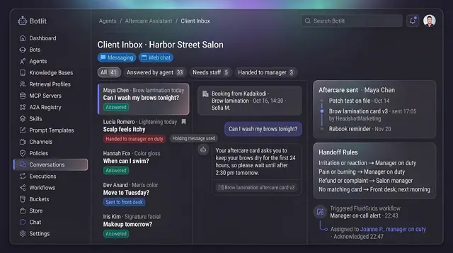 Concept illustration of a salon aftercare inbox with a cited care-card answer, a booking card, handoff rules and an on-call alert