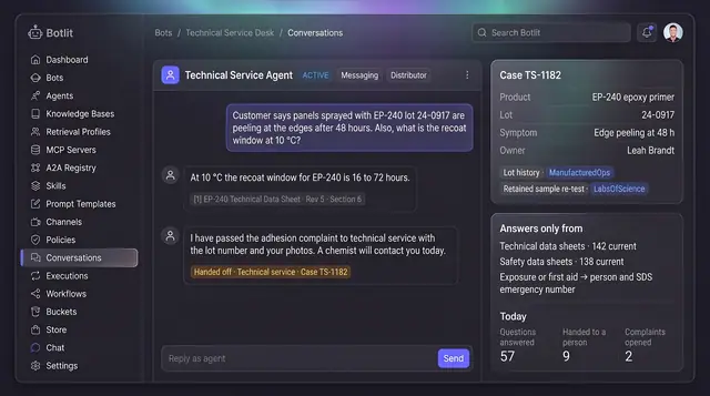 Concept illustration of a technical service chat citing a data sheet section and handing an adhesion complaint to a case with its lot