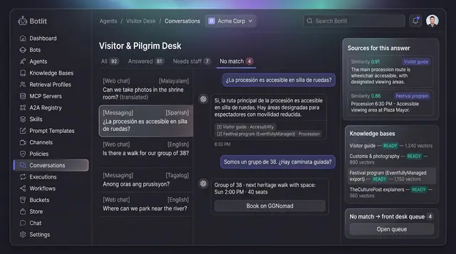 Concept illustration of a visitor and pilgrim question desk with multilingual questions, a cited Spanish reply and a walk booking card