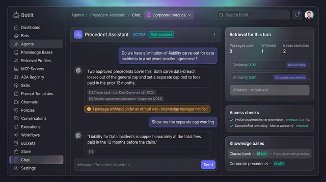 Concept illustration of a precedent assistant chat with cited clauses, a withheld-passage notice and access checks beside it