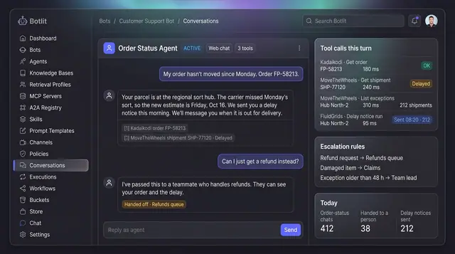Concept illustration of an order-status support chat with cited order and shipment records, tool calls and escalation rules